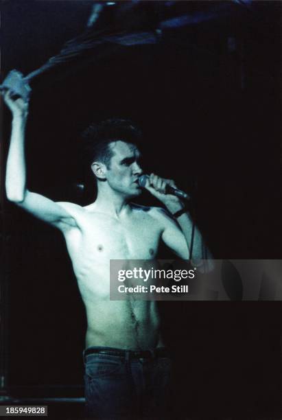 Morrissey of The Smiths performs on stage at Hammersmith Palais, on March 12th, 1984 in London, England.