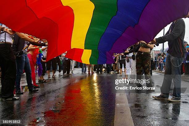 Image captured at Stockholm Euro Pride 2008 under a very long peace flag