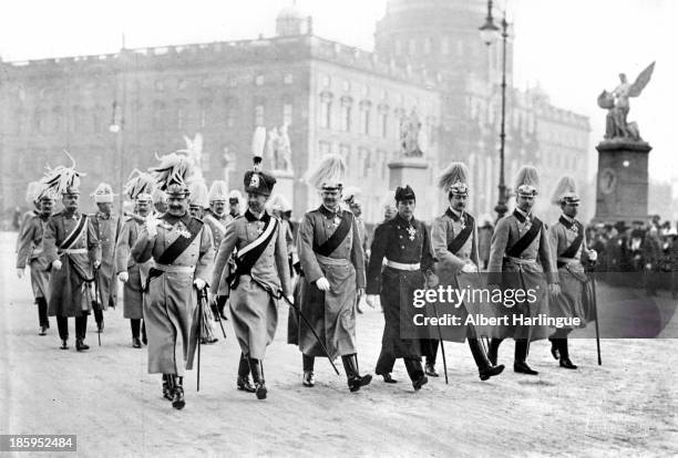 Wilhelm II, German Emperor, with the Crown Prince Adalbert, the Prince August Wilhelm of Prussia, the Prince Oscar and the Prince Joachim during the...