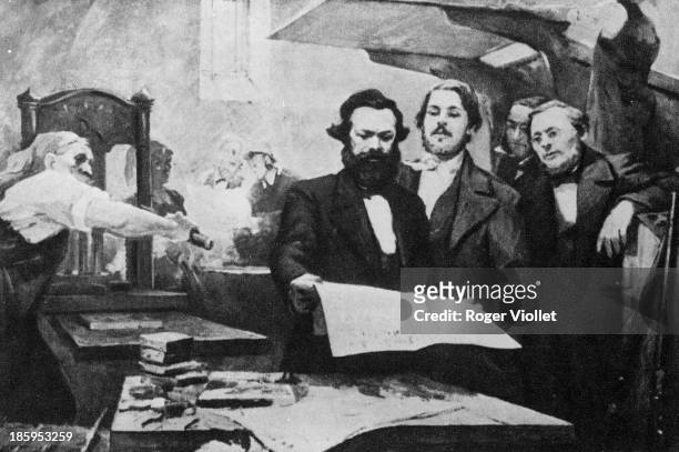 Karl Marx and Engels in the printing house of the "Neue Rheinische Zeitung" . Painting by E. Capiro.