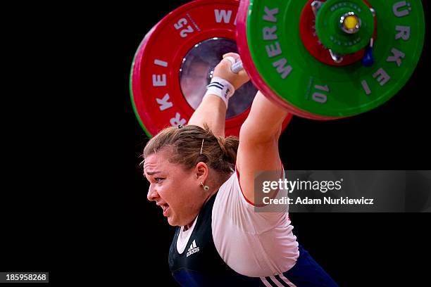 Tatiana Kashirina from Russia lifts in the Snatch competition women's 75 kg Group A during weightlifting IWF World Championships Wroclaw 2013 at...