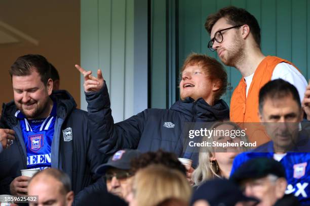 Singer-songwriter Ed Sheeran is seen in the stands prior to the Sky Bet Championship match between Ipswich Town and Norwich City at Portman Road on...