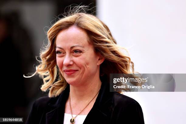 Prime Minister Giorgia Meloni waits to welcome UK Prime Minister Rishi Sunak at Palazzo Chigi on December 16, 2023 in Rome, Italy. Italian Prime...
