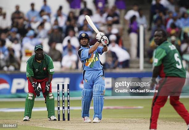 Sachin Tendulkar of India hits a straight six off the bowling of Steve Tikolo of Kenya during the ICC Cricket World Cup Semi-Final game between Kenya...