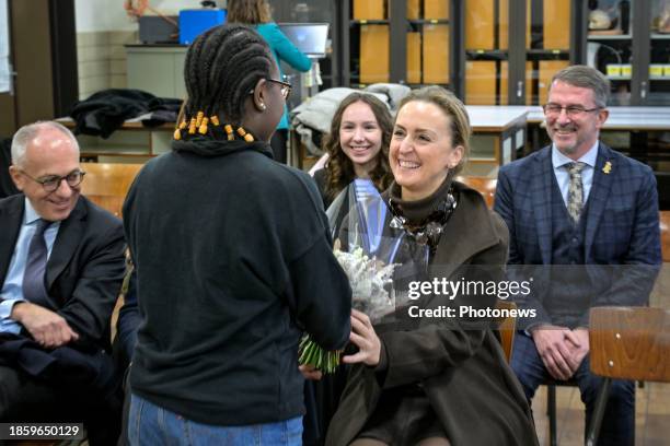 Princess Claire of Belgium visit the Athénée royal Air pur of Seraing during the presentation of their program against bullying at school on December...