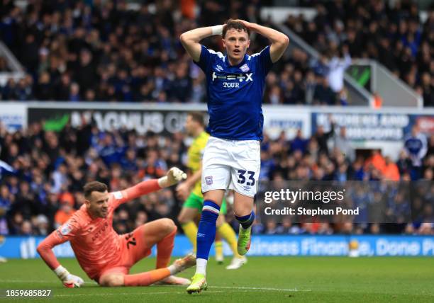 Nathan Broadhead of Ipswich Town reacts after a missed chance during the Sky Bet Championship match between Ipswich Town and Norwich City at Portman...