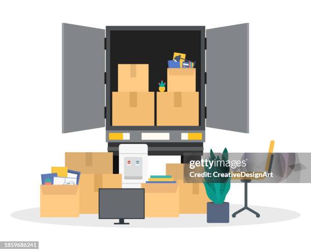 ilustraciones, imágenes clip art, dibujos animados e iconos de stock de vista trasera del camión en movimiento. cajas de cartón y cosas de oficina dentro y fuera del camión. mudarse a una nueva oficina - cambio de oficina