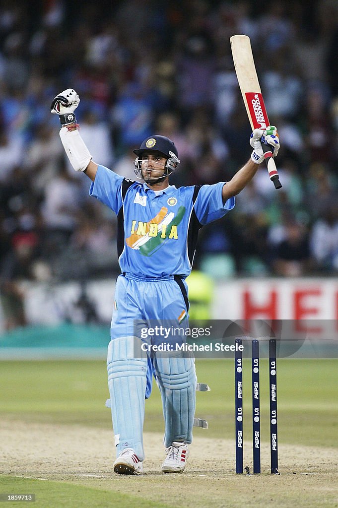 Sourav Ganguly of India celebrates his century during the ICC Cricket