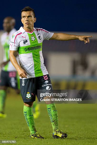 Juan Pablo Rodriguez of Santos reacts during a match between Atlante and Santos Laguna as part of the Apertura 2013 Liga MX at Olympic Stadium Andres...