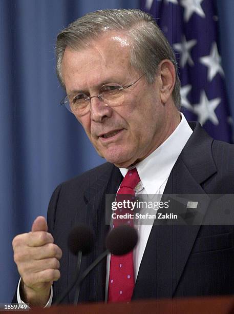 Secretary of Defense Donald Rumsfeld speaks at the Pentagon March 20, 2003 in Arlington, Virginia. Rumsfeld spoke about the onset of hostilities...