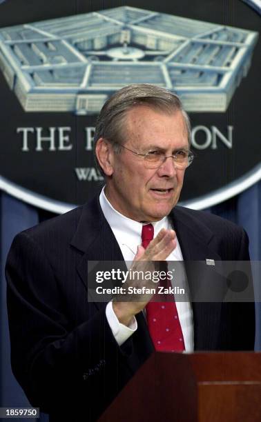 Secretary of Defense Donald Rumsfeld speaks at the Pentagon March 20, 2003 in Arlington, Virginia. Rumsfeld spoke about the onset of hostilities...