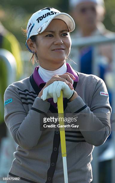 Ai Miyazato of Japan waits to start play on the tenth tee off during day four of the Sunrise LPGA Taiwan Championship on October 27, 2013 in Taoyuan,...