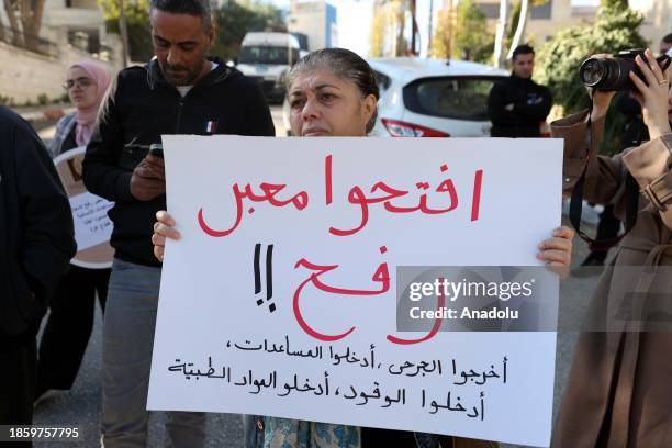 Palestinians gather in front of Embassy of Egypt in Ramallah, demanding Rafah Border Crossing to remain open for aid trucks in Ramallah, West Bank on...