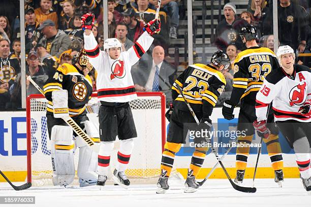 Steve Bernier of the New Jersey Devils celebrates a goal against the Boston Bruins at the TD Garden on October 26, 2013 in Boston, Massachusetts.