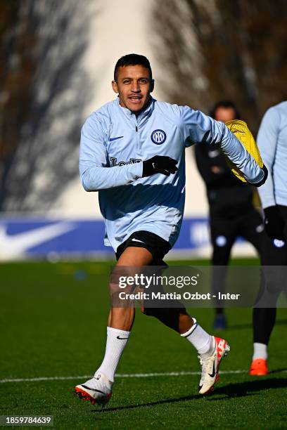 Alexis Sanchez of FC Internazionale in action during the FC Internazionale training session at the club's training ground Suning Training Center at...