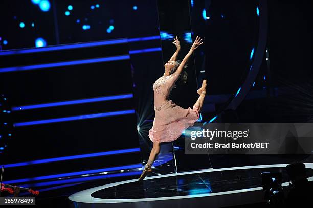 Ballet dancer Misty Copeland performs during the BET Black Girls Rock show at New Jersey Performing Arts Center on October 26, 2013 in Newark, New...