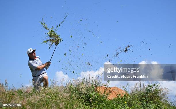 Louis Oosthuizen of South Africa plays his second shot on the 12th hole during Day Three of the AfrAsia Bank Mauritius Open 2024 at Heritage La...