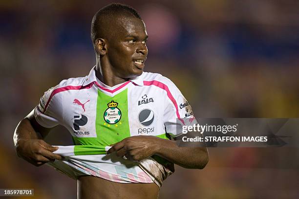 Carlos Darwin Quintero of Santos celebrates his goal during a match between Atlante and Santos Laguna as part of the Apertura 2013 Liga MX at Olympic...