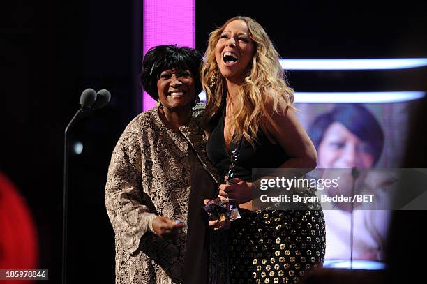 Patti LaBelle and Mariah Carey speak onstage during the BET Black Girls Rock show at New Jersey Performing Arts Center on October 26, 2013 in Newark,...