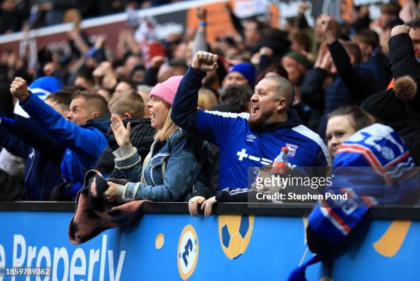 Fans of Ipswich Town celebrate after Wes Burns of Ipswich Town scores their team's second goal during the Sky Bet Championship match between Ipswich...