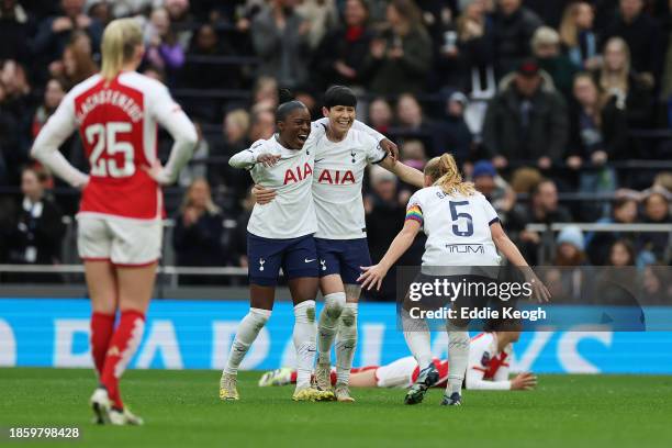 Jessica Naz, Ashleigh Neville and Molly Bartrip of Tottenham Hotspur celebrate following the team's victory during the Barclays Women's Super League...