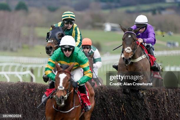 Gavin Sheehan riding Fugitif on their way to winning The Virgin Bet December Gold Cup Handicap Chase at Cheltenham Racecourse on December 16, 2023 in...