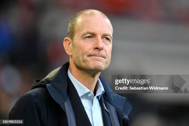 Jess Thorup, Head Coach of FC Augsburg, looks on prior to the Bundesliga match between FC Augsburg and Borussia Dortmund at WWK-Arena on December 16,...