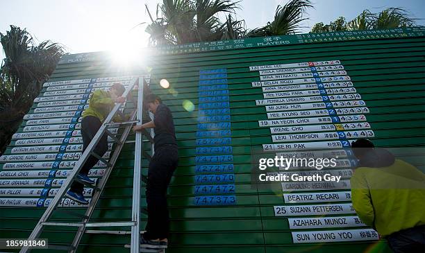 Staff update results on the scoreboard during day four of the Sunrise LPGA Taiwan Championship on October 27, 2013 in Taoyuan, Taiwan.