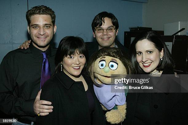 Composers Jeff Marx, Robert Lopez with cast members Ann Harada, "Kate Monster," and Stephanie D'Abruzzo attend the opening night party for "Avenue Q"...