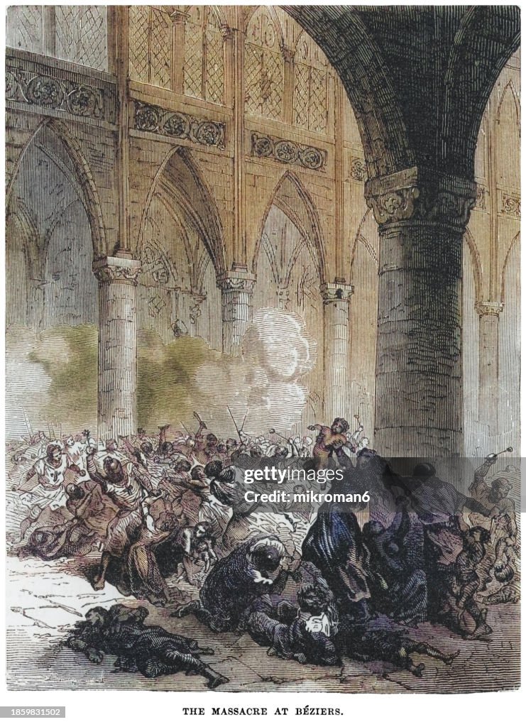 Old engraved illustration of the Massacre at Béziers occurred on 22 July 1209 during the sack of Béziers by crusaders (the first major military action of the Albigensian Crusade)