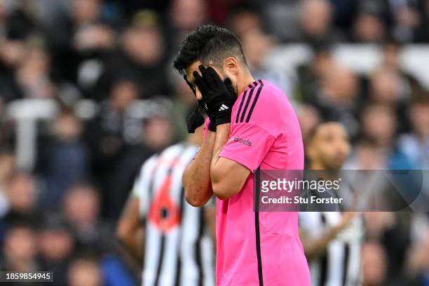 Raul Jimenez of Fulham reacts after being sent off during the Premier League match between Newcastle United and Fulham FC at St. James Park on...