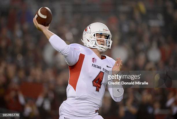 Derek Carr of the Fresno State Bulldogs throws the ball against the San Diego State Aztecs during their game on October 26, 2013 at Qualcomm Stadium...