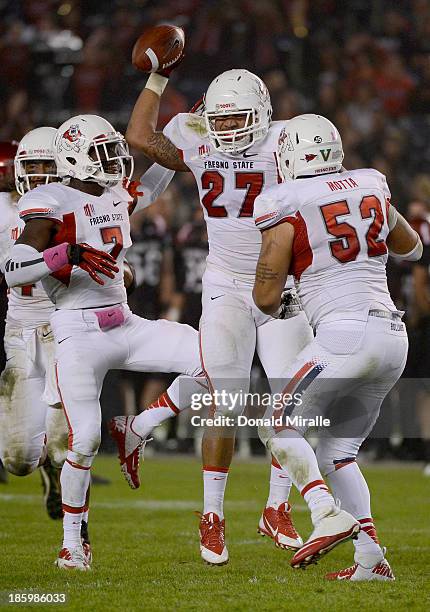 Donavon Lewis of Fresno State Bulldogs celebrates his interception against the San Diego State Aztecs during their game on October 26, 2013 at...