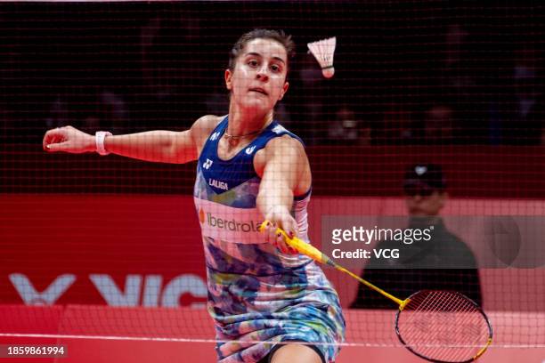Carolina Marin of Spain competes in the Women's Singles Semi-final match against Chen Yufei of China on day four of the BWF World Tour Finals 2023 at...