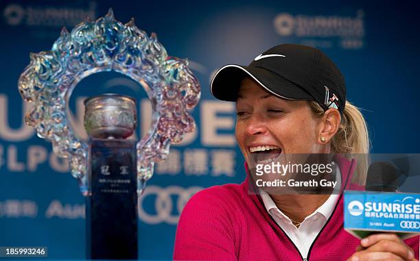 Suzann Pettersen answers questions at a press conference, after winning the 2013 Sunrise LPG Taiwan Championship during day four of the Sunrise LPGA...