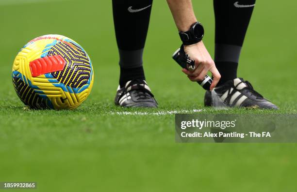 The match referee uses vanishing spray during the Barclays Women´s Super League match between Tottenham Hotspur and Arsenal FC at Tottenham Hotspur...
