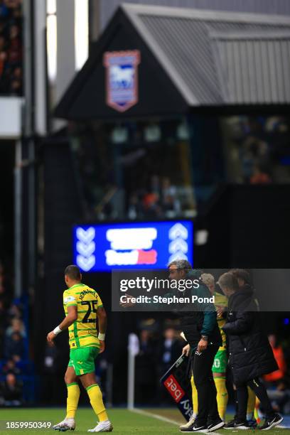 David Wagner, Manager of Norwich City speaks to Onel Hernandez during the Sky Bet Championship match between Ipswich Town and Norwich City at Portman...