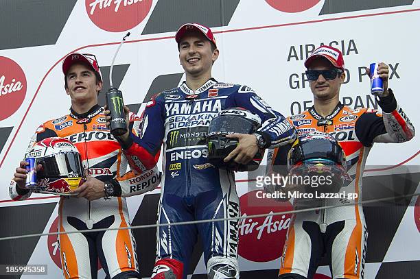 Marc Marquez of Spain and Repsol Honda Team, Jorge Lorenzo of Spain and Yamaha Factory Racing and Dani Pedrosa of Spain and Repsol Honda Team...