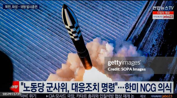 At Yongsan Railway Station shows North Korea's fired Hwasong-18 solid-fuel intercontinental ballistic missile . North Korea confirmed it test-fired a...