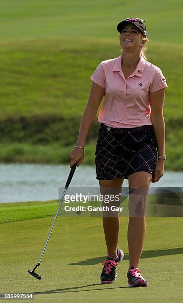 Paula Creamer of the U.S.A reacts after missing a putt on the 18th green, during day four of the Sunrise LPGA Taiwan Championship on October 27, 2013...