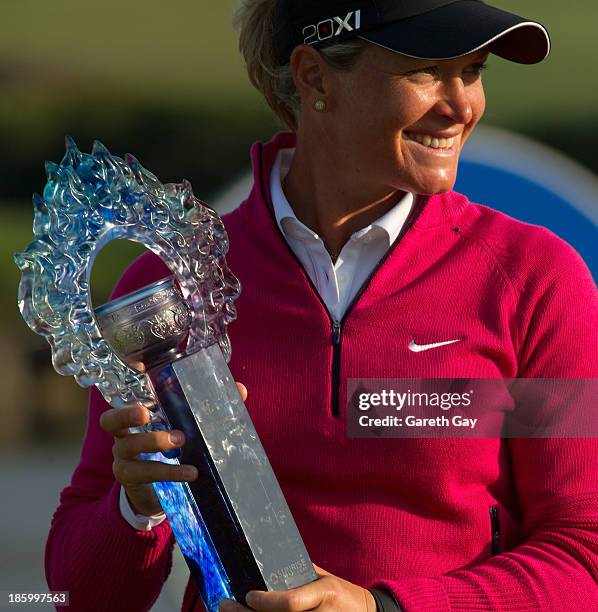 Suzann Pettersen of Norway, presented with the 2013 Sunrise LPGA Taiwan Championship trophy, during day four of the Sunrise LPGA Taiwan Championship...