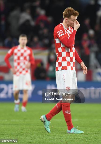 Sepp van den Berg of 1.FSV Mainz 05 appears dejected during the Bundesliga match between 1. FSV Mainz 05 and 1. FC Heidenheim 1846 at MEWA Arena on...