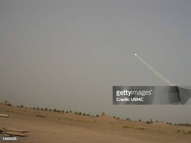 Patriot missile is launched just outside Camp Doha at 1:30 p.m., taking out an Iraqi SCUD missile aimed at Coalition Forces by Battery E, 2nd...