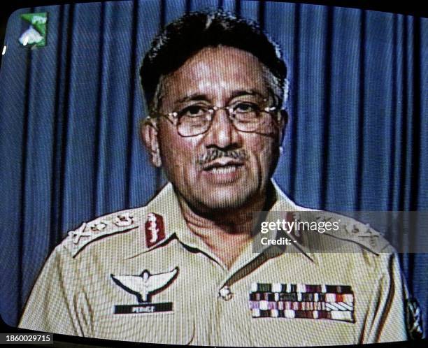 This television grab shows Pakistan President Pervez Musharraf addressing the nation in Islamabad, 19 September 2001, over the issues related to...