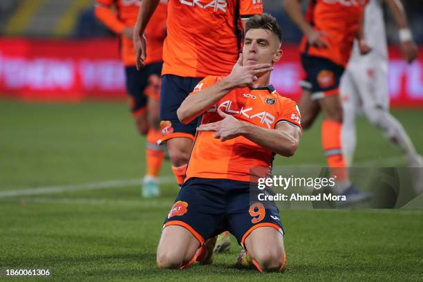 Krzysztof Piatek of Basaksehir celebrates after scoring his team's first goal during the Turkish Super League match between Basaksehir and Sivasspor...