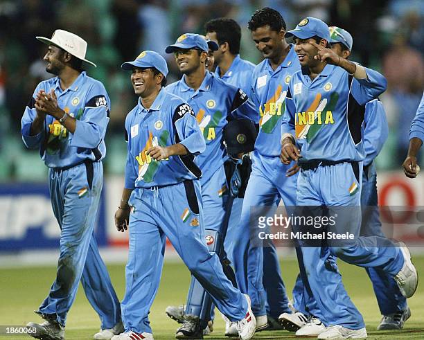 The Indian team lead by Sachin Tendulkar celebrate their 91 run victory over Kenya a the ICC Cricket World Cup Semi Final game between Kenya and...