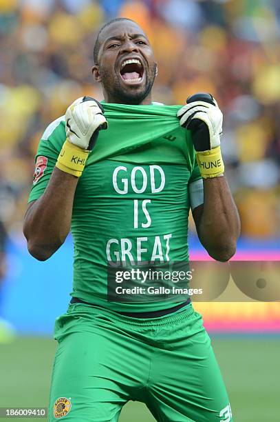 Goal-keeper Itumeleng Khune celebrates during the Absa Premiership match between Orlando Pirates and Kaizer Chiefs at FNB Stadium on October 26, 2013...