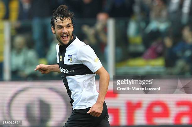 Marco Parolo of Parma FC celebrates after scoring the opening goal during the Serie A match between Parma FC and AC Milan at Stadio Ennio Tardini on...