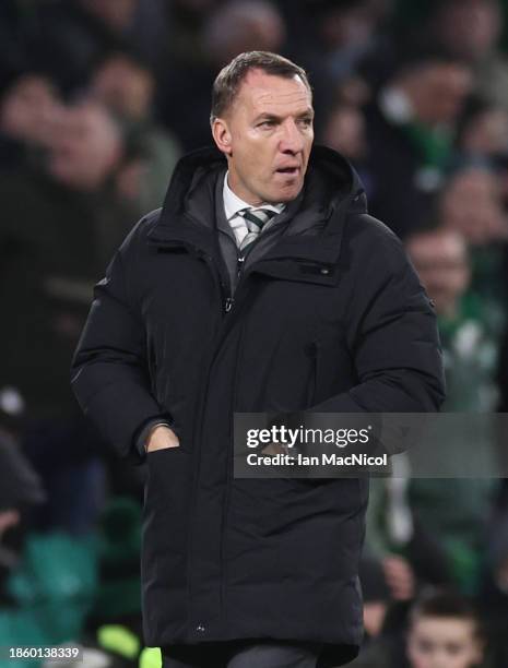 Celtic manager Brendan Rodgers is seen at full time during the Cinch Scottish Premiership match between Celtic FC and Heart of Midlothian at Celtic...