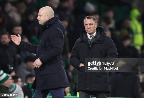 Celtic manager Brendan Rodgers is seen at full time during the Cinch Scottish Premiership match between Celtic FC and Heart of Midlothian at Celtic...